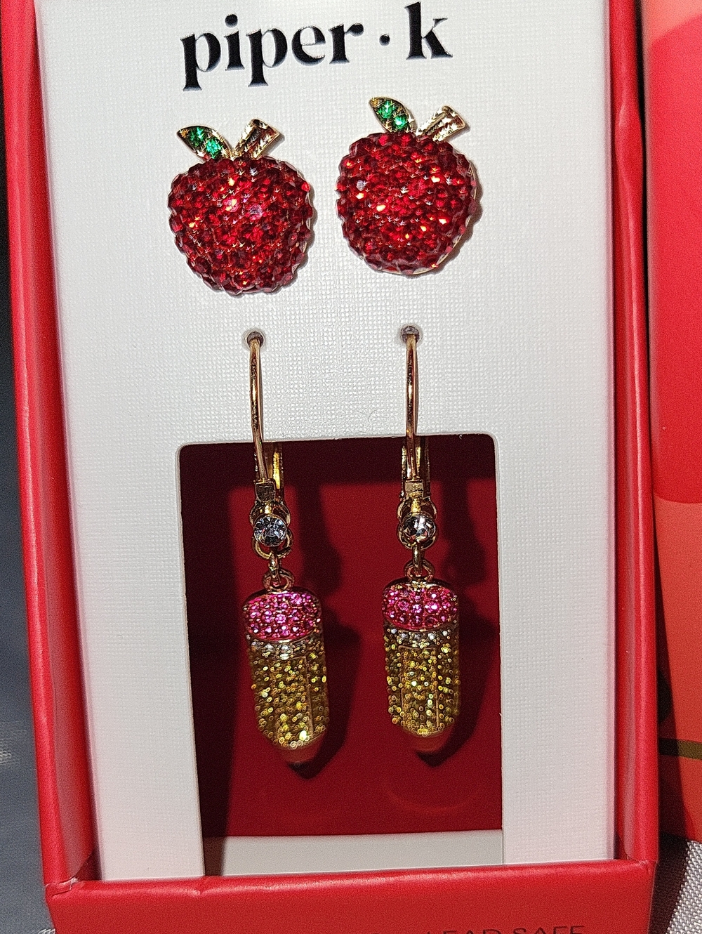 piper k Red Apple & Gold Pencil Crystal Earring 2 Pair Set Te M